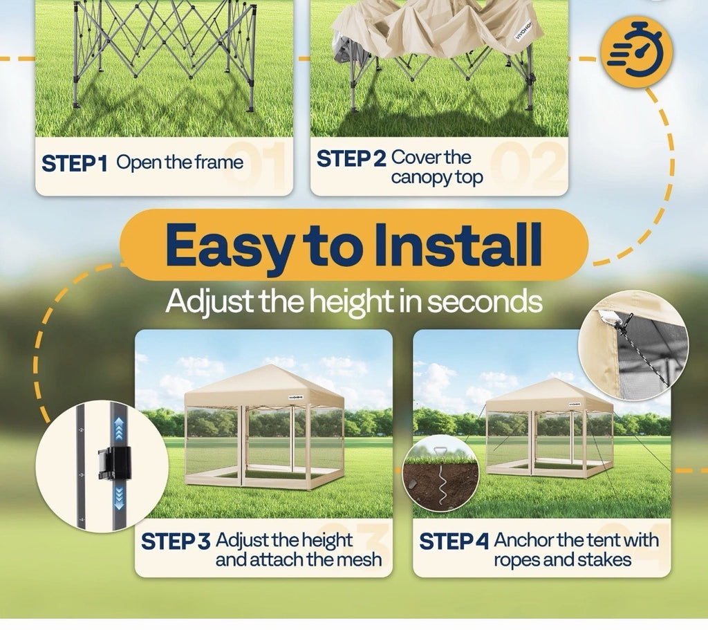 Canopy 10' x 10' Gazebo Screen Tent with Net, 2 Zipper Doors, Roller Bag