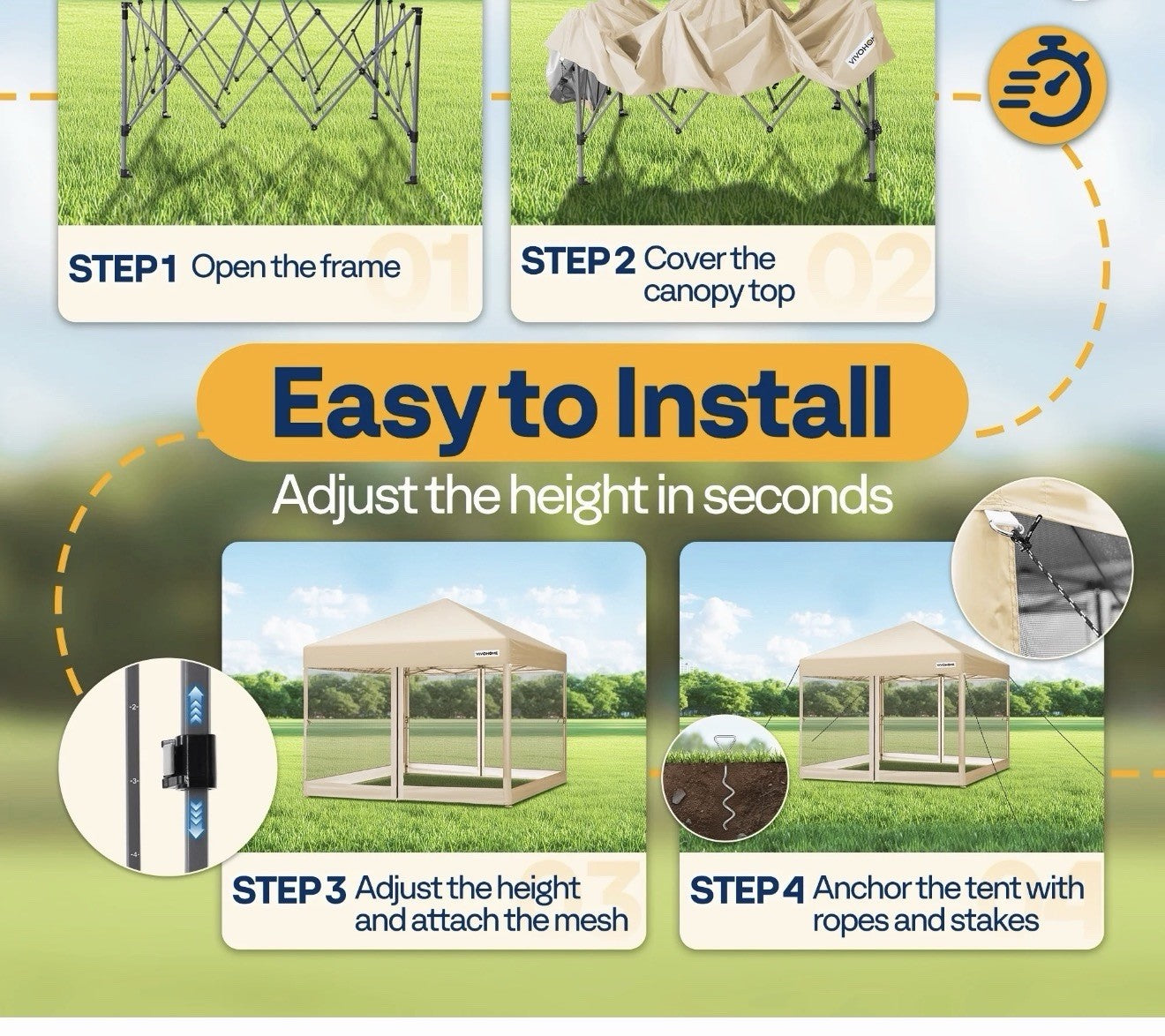 Canopy 10' x 10' Gazebo Screen Tent with Net, 2 Zipper Doors, Roller Bag
