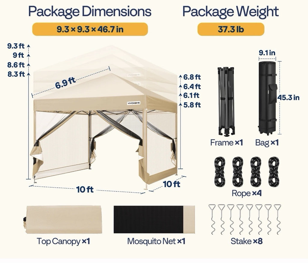 Canopy 10' x 10' Gazebo Screen Tent with Net, 2 Zipper Doors, Roller Bag