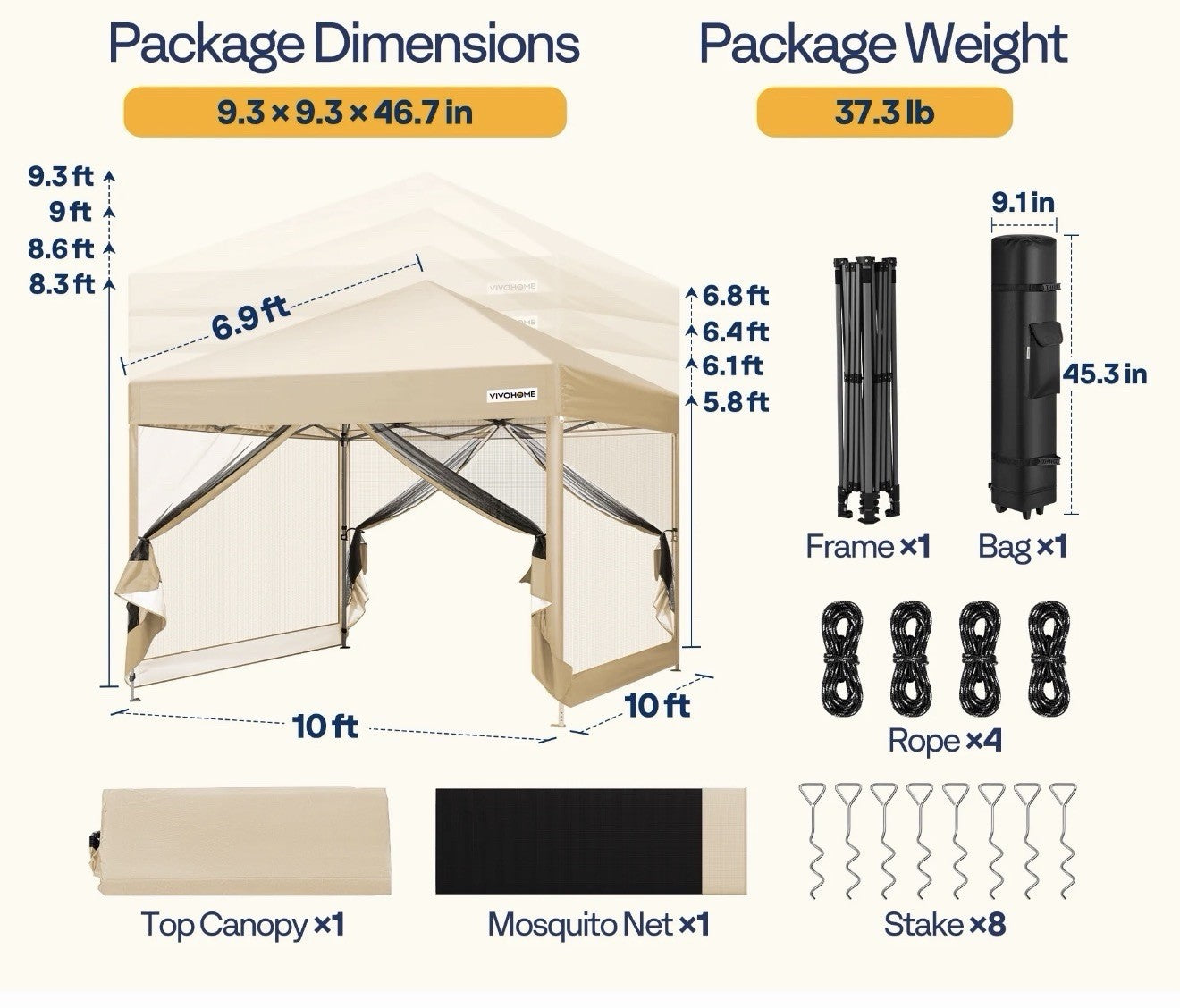 Canopy 10' x 10' Gazebo Screen Tent with Net, 2 Zipper Doors, Roller Bag