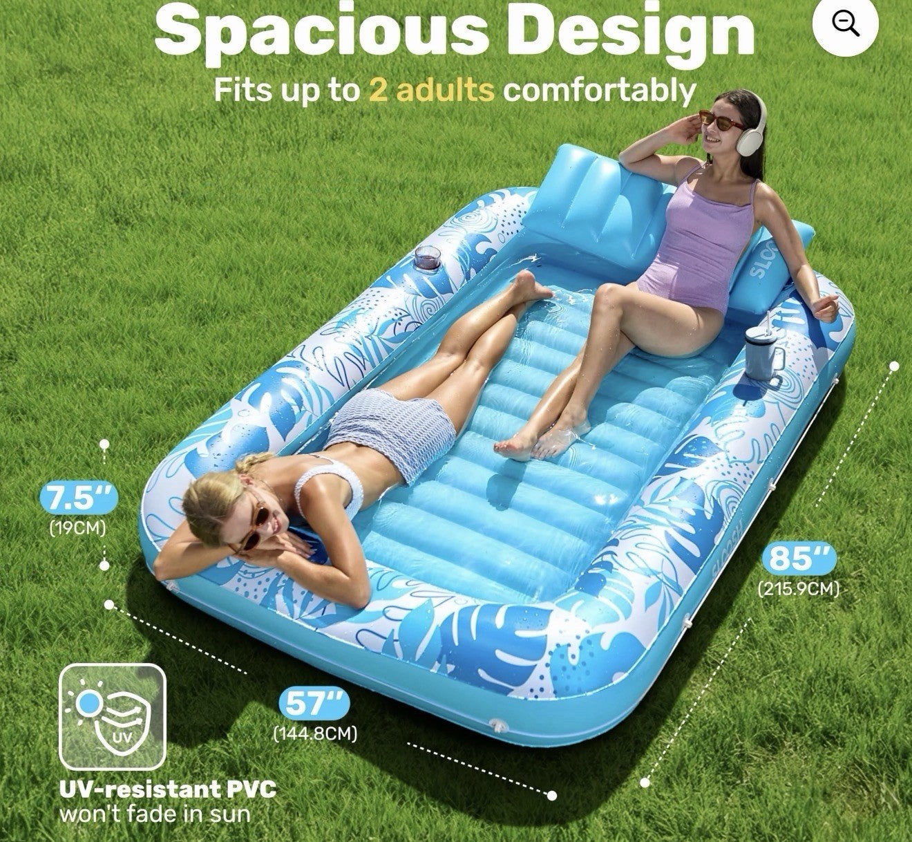 Sloosh Inflatable Tanning Pool Lounger Float, 85" x 57" Extra Large XL-Blue