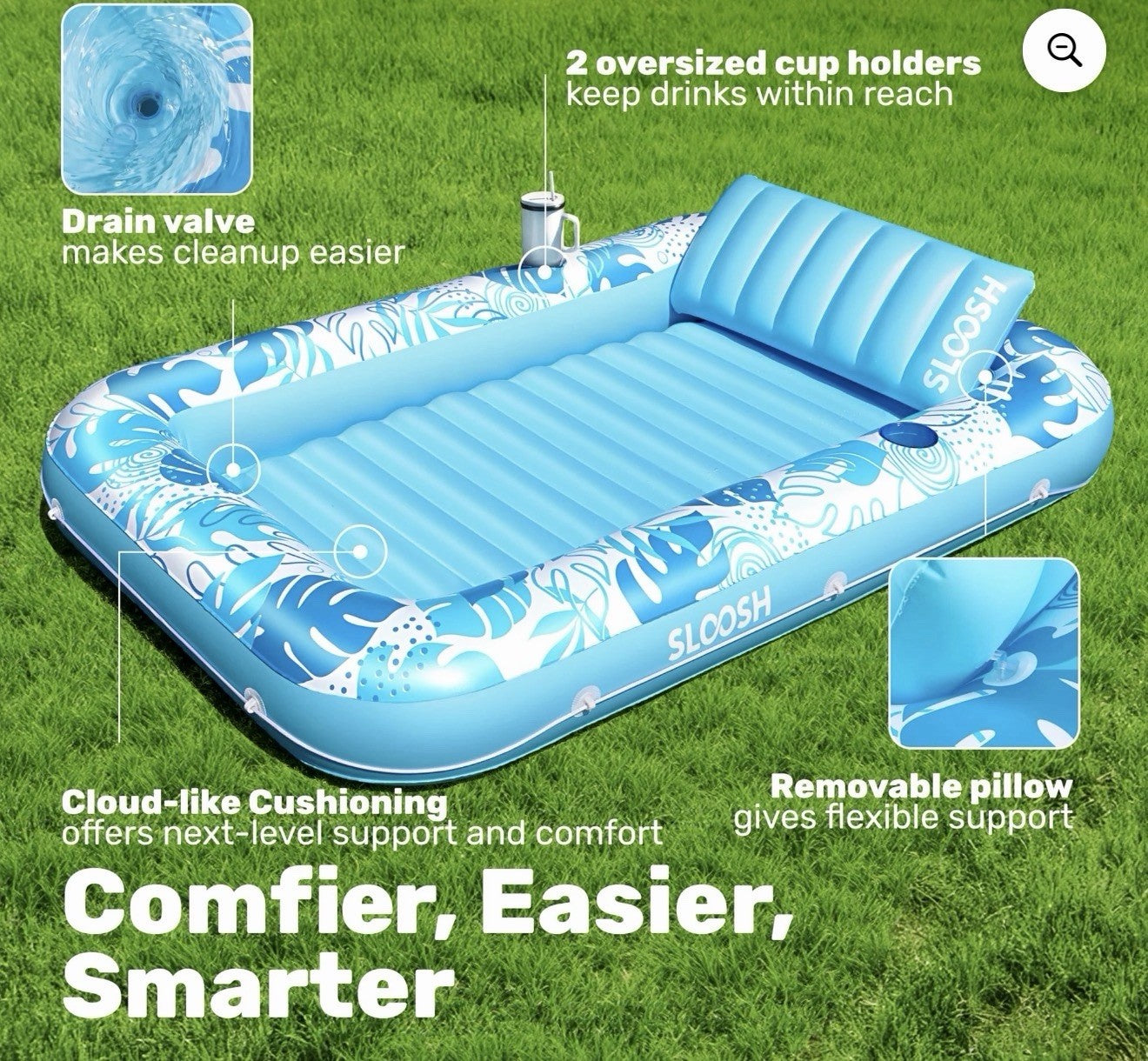 Sloosh Inflatable Tanning Pool Lounger Float, 85" x 57" Extra Large XL-Blue