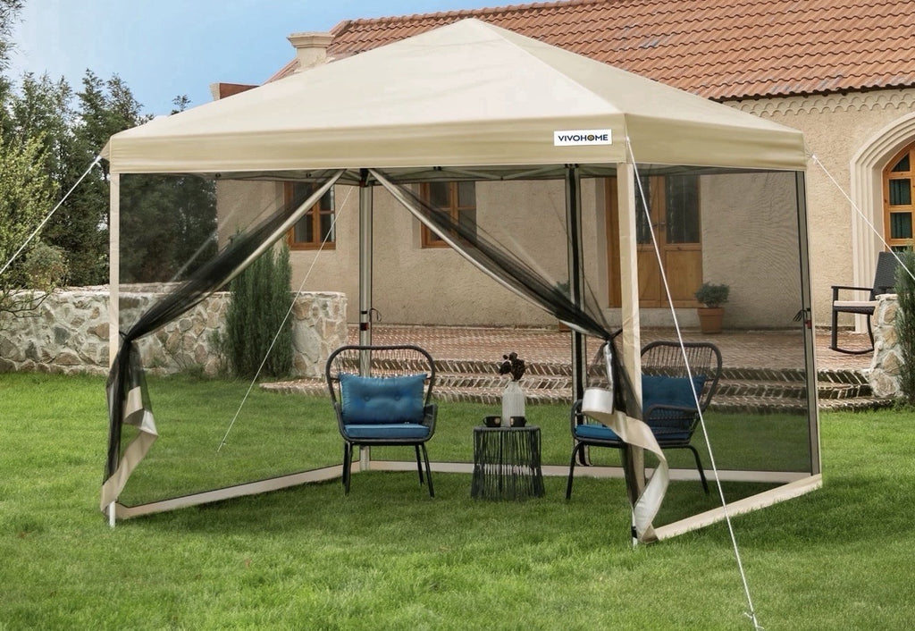 Canopy 10' x 10' Gazebo Screen Tent with Net, 2 Zipper Doors, Roller Bag