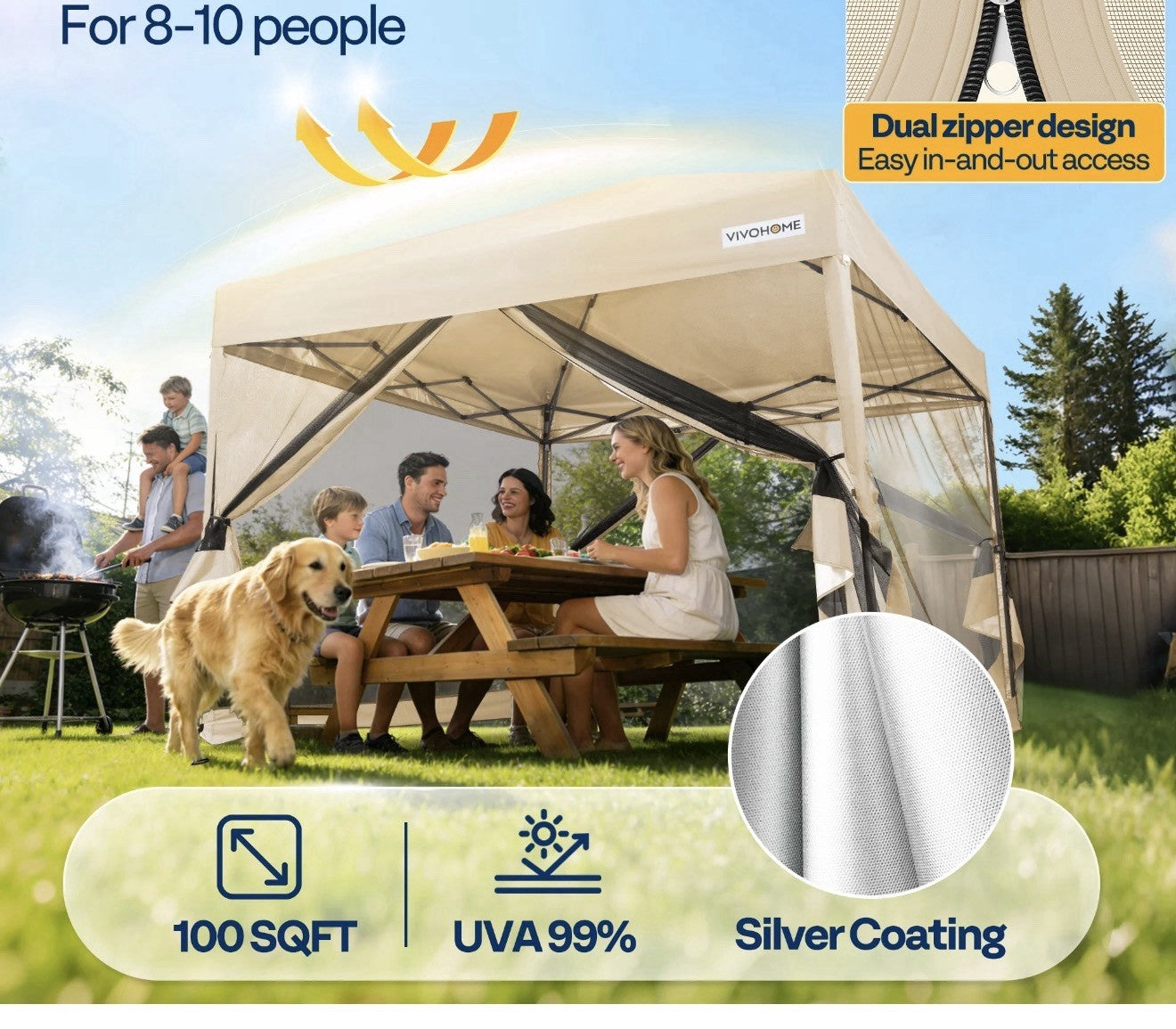 Canopy 10' x 10' Gazebo Screen Tent with Net, 2 Zipper Doors, Roller Bag